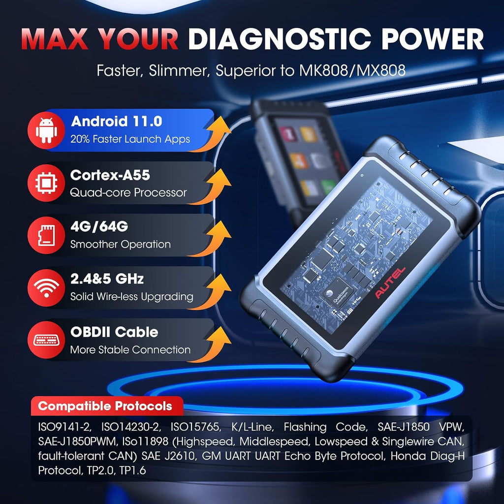 Autel Scanner MaxiCOM MK808S, 2026 OBD2 Scan Tool as MaxiCheck MX808S MX900 MK900BT MK808BT Pro, 3000+ Active Test, 28+ Service for 200+ Brands, OE All System Diagnostics, FCA & SGW, 10X Faster OS 11
