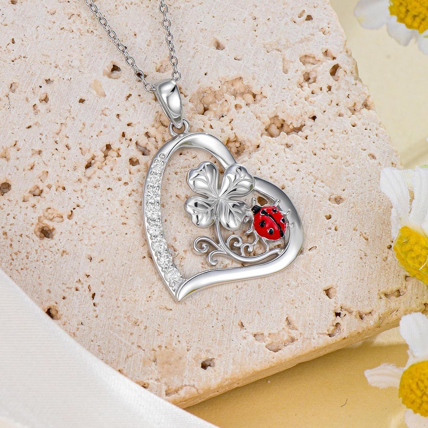 Diamond Ladybug Necklace for Women 925 Sterling Silver Ladybug Four Leaf Clover Pendant Necklace with Lab Grown Diamonds Cute Jewelry Anniversary Valentine's Day Christmas Gifts for Her