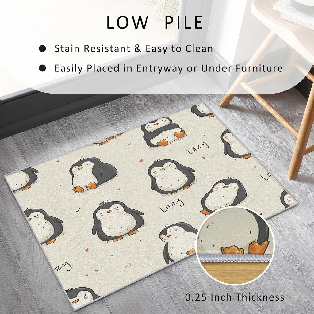 Penguin Rug 8x12 for Bedroom, Funny Cute Cartoon Animal Patterned Living Room Area Rug, Penguin Kids Boys Girls Room Decor, Washable Soft Thin Carpet with Non Slip Backing, 8 x 12 ft - Lu11442