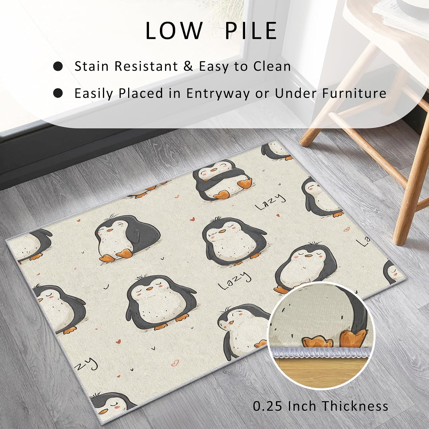 Penguin Rug 8x12 for Bedroom, Funny Cute Cartoon Animal Patterned Living Room Area Rug, Penguin Kids Boys Girls Room Decor, Washable Soft Thin Carpet with Non Slip Backing, 8 x 12 ft - Lu11442