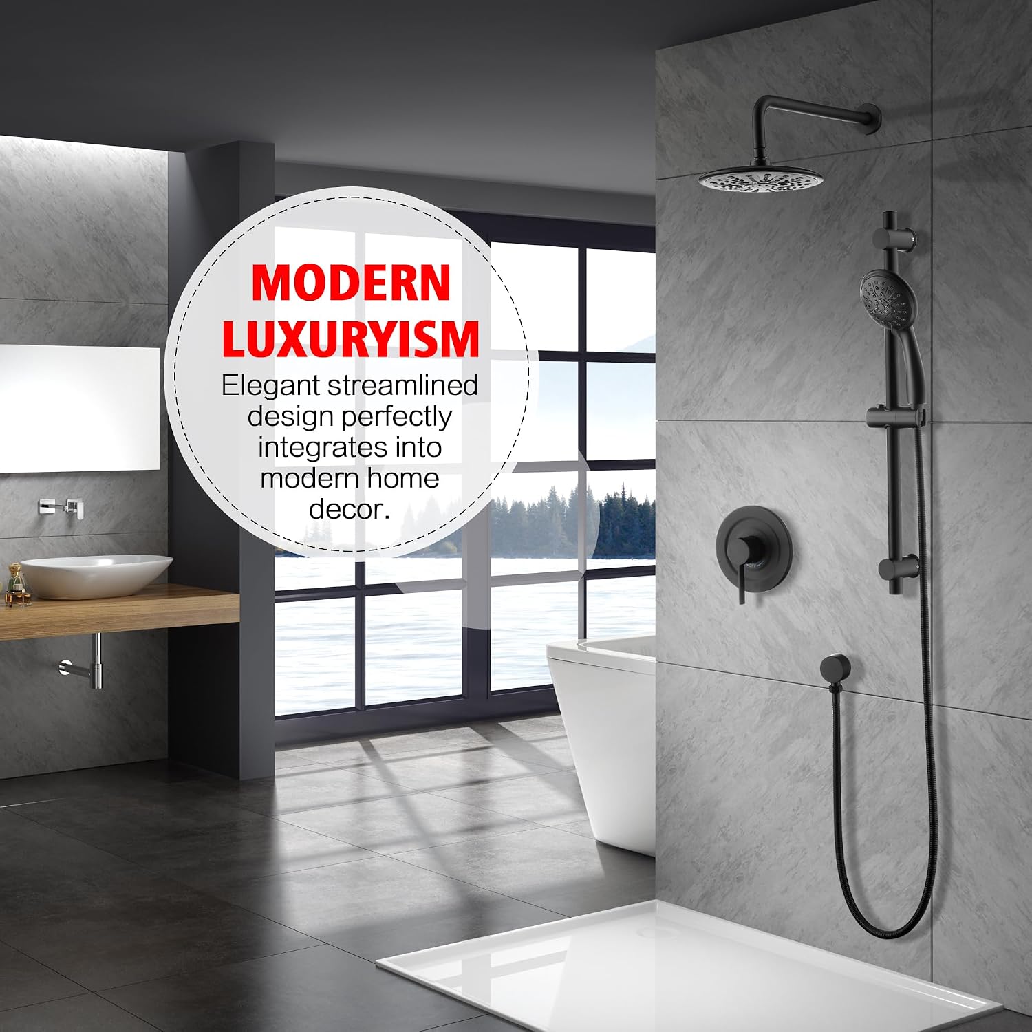 sumerain Matte Black Rain Shower System with Adjustable Slide Bar, Rainfall Shower Faucet Fixture with Handheld, Included Valve and Trim Kit