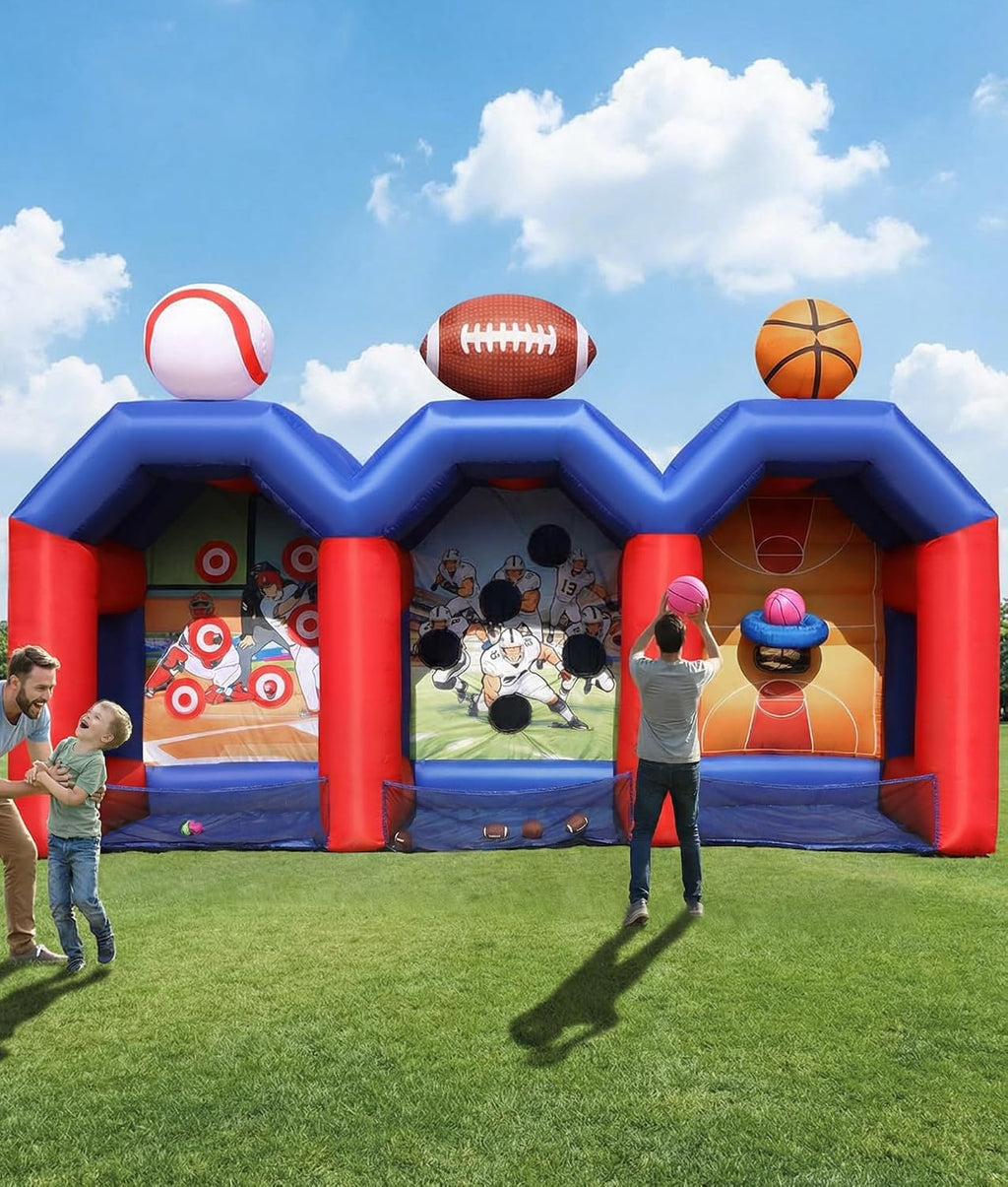 Inflatable Carnival Games with 12 Balls - Baseball, Football & Basketball Toss Throwing Target with 750W Blower, Easy Setup for Indoor/Outdoor Commercial, Birthday Parties, and Lawn Interactive Game