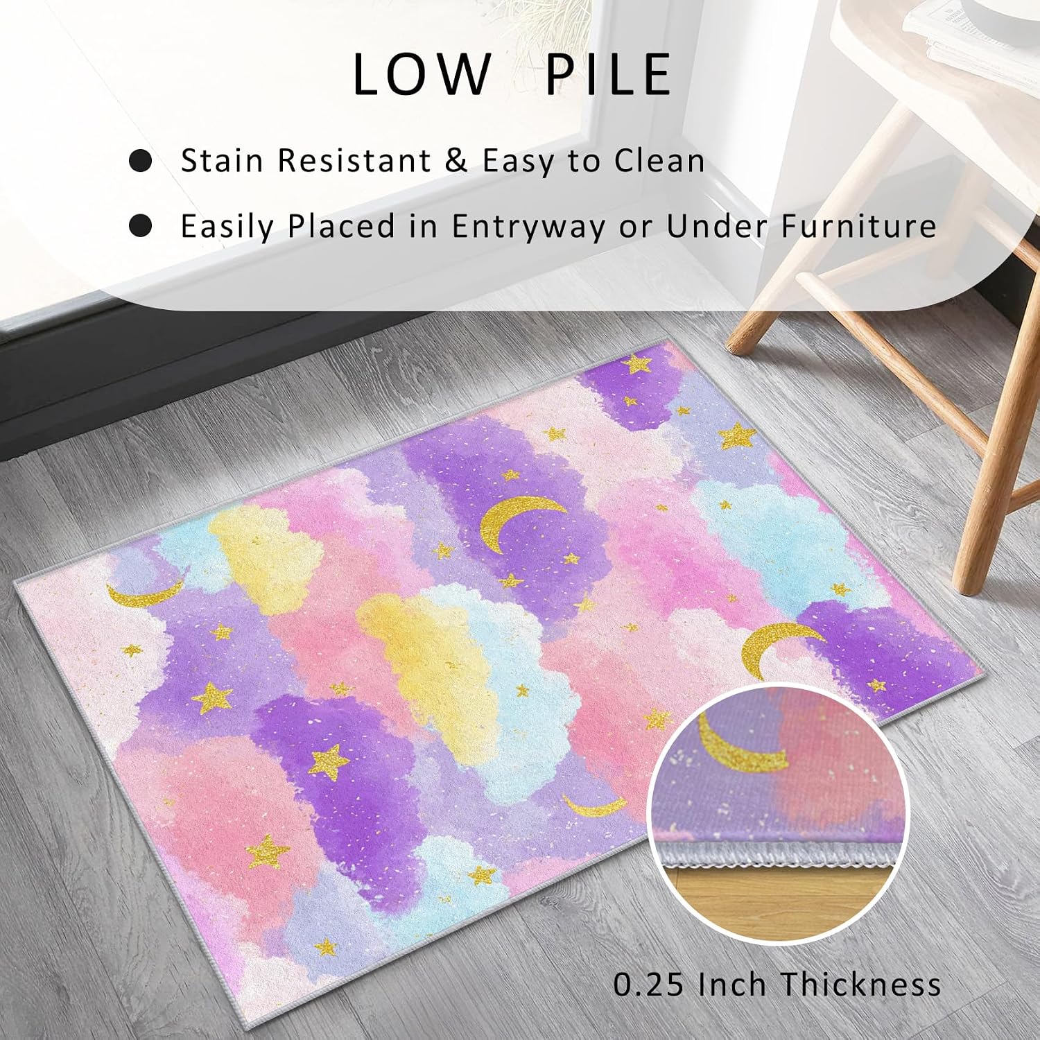 Rainbow Cloud Rug 8x12 for Bedroom, Moon Star Patterned Living Room Area Rug, Rainbow Cloud Kids Boys Girls Room Decor, Washable Soft Thin Carpet with Non Slip Backing, 8 x 12 ft - Lu11708