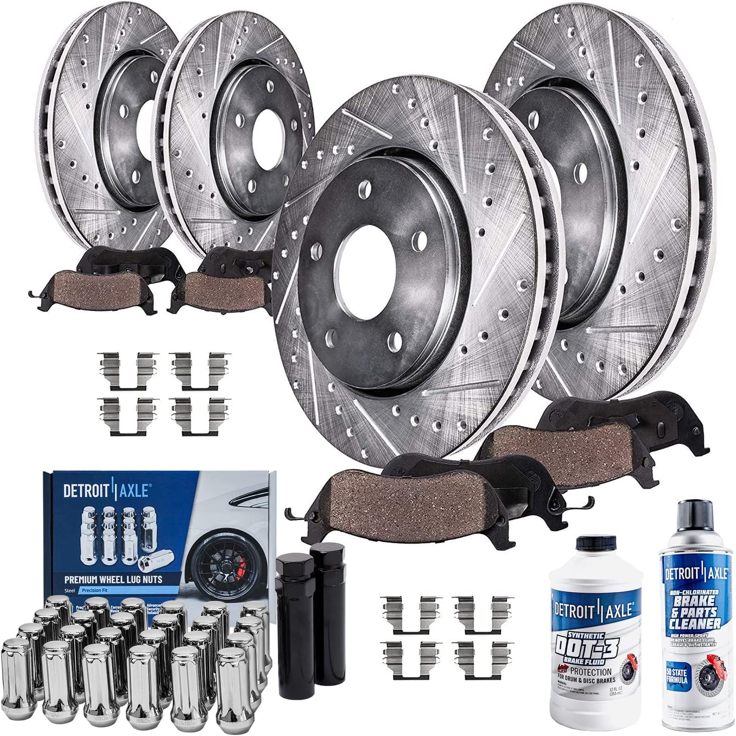 Detroit Axle - Brake Kit for 2010-2017 Chevy Equinox GMC Terrain, Front and Rear Drilled Slotted Brake Rotors Ceramic Brake Pads Wheel Lug Nuts Socket Keys 2011 2012 2013 2014 2015 2016 Replacement
