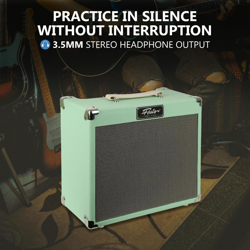 FOALS Electric Guitar Amp 20W (30W Peak), Dual-Channel Clean/Drive Combo Amplifier with Bluetooth, 8-Inch Speaker, 3 Band EQ, Headphone Output & AUX Input for Home Practice(Green)
