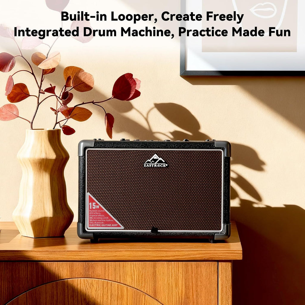 EASTROCK 15W Electric Guitar Amp, EGA-15W Portable Guitar Amplifier with Bluetooth, Built-in Looper & Drum Machine Speaker, AUX/OTG/Headphone, 8 Voices, FX Effects-Black