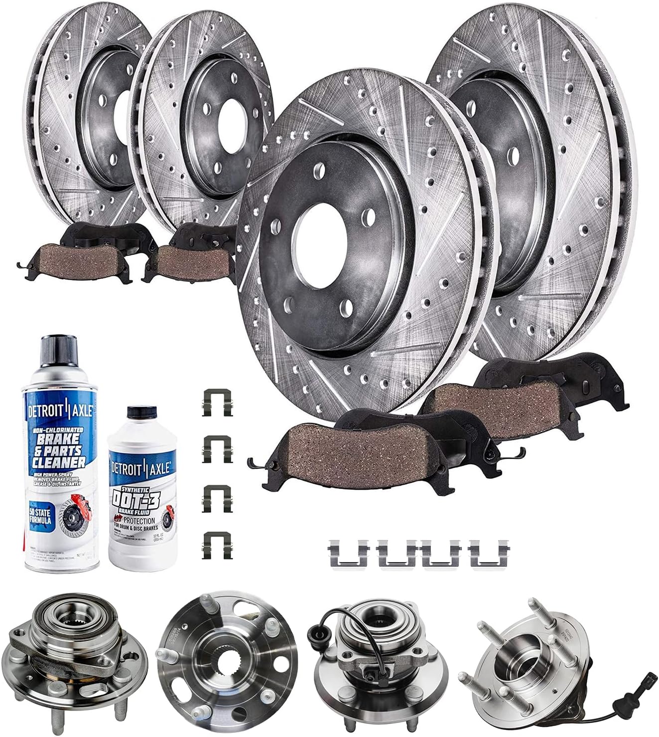 Detroit Axle - Brake Kit for 10-17 Chevy Equinox GMC Terrain, Front and Rear Drilled & Slotted Brake Rotors Ceramic Brake Pads Wheel Bearing Hubs 2010 2011 2012 2013 2014 2015 2016 2017 Replacement