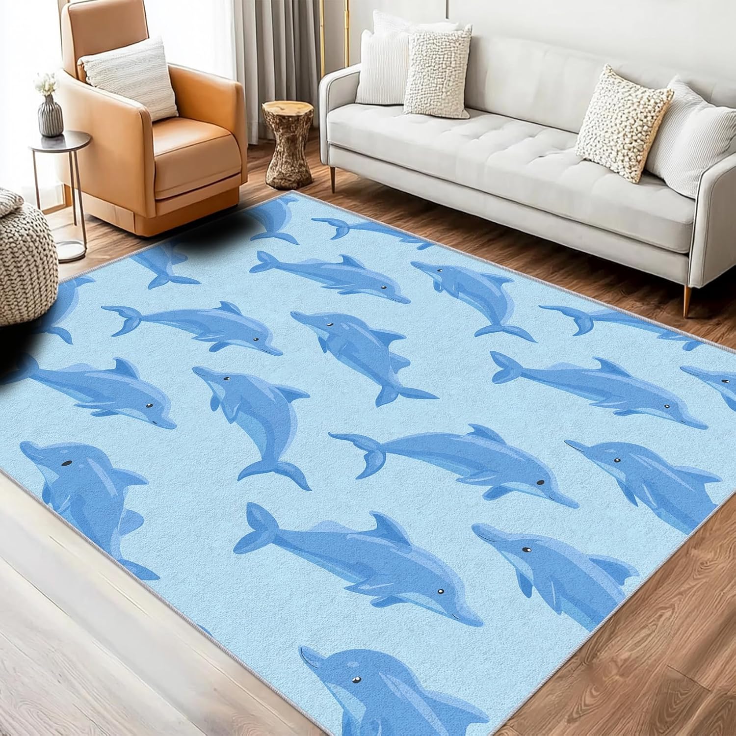 Dolphin Rug 8x12 for Bedroom, Marine Sea Ocean Animal Patterned Living Room Area Rug, Dolphin Kids Boys Girls Room Decor, Washable Soft Thin Carpet with Non Slip Backing, 8 x 12 ft - Lu11512