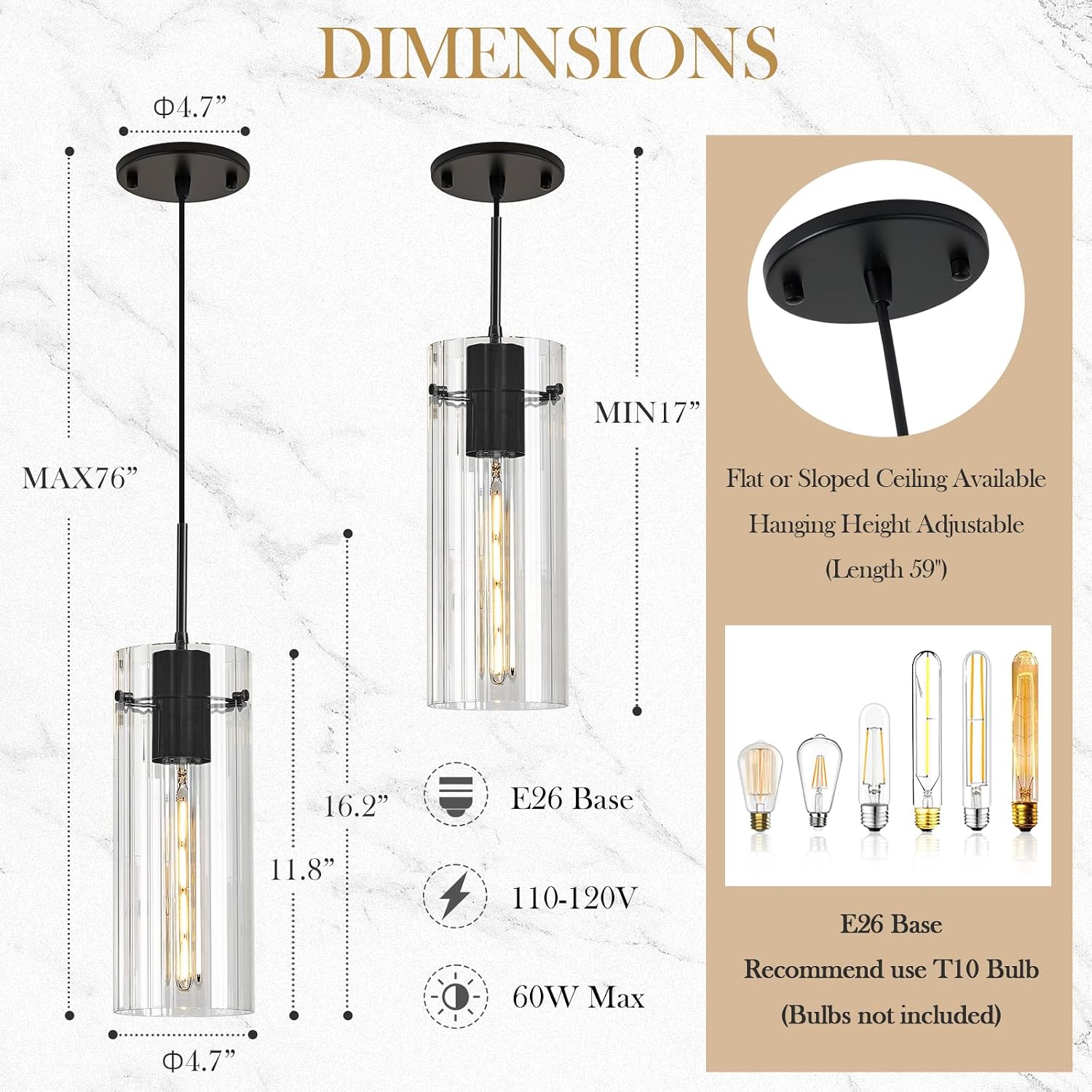 Glass Black Pendant Light, 3 Pack Modern Kitchen Island Pendant Lighting with Ribbed Glass, Adjustable Cord Minimalist Pendant Light for Over Island, Dining Room, Bathroom Bedroom