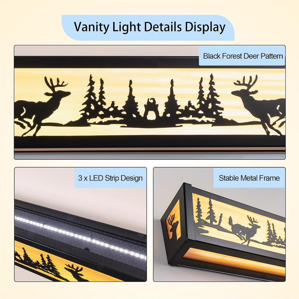 TOCHIC Farmhouse LED Bathroom Vanity Light Fixtures, Rustic Black Forest Deer Wildlife Vanity Lights Over Mirror, Western Sconces Wall Lighting for Bathroom, Cabinet, Powder Room, Living Room, 24' L
