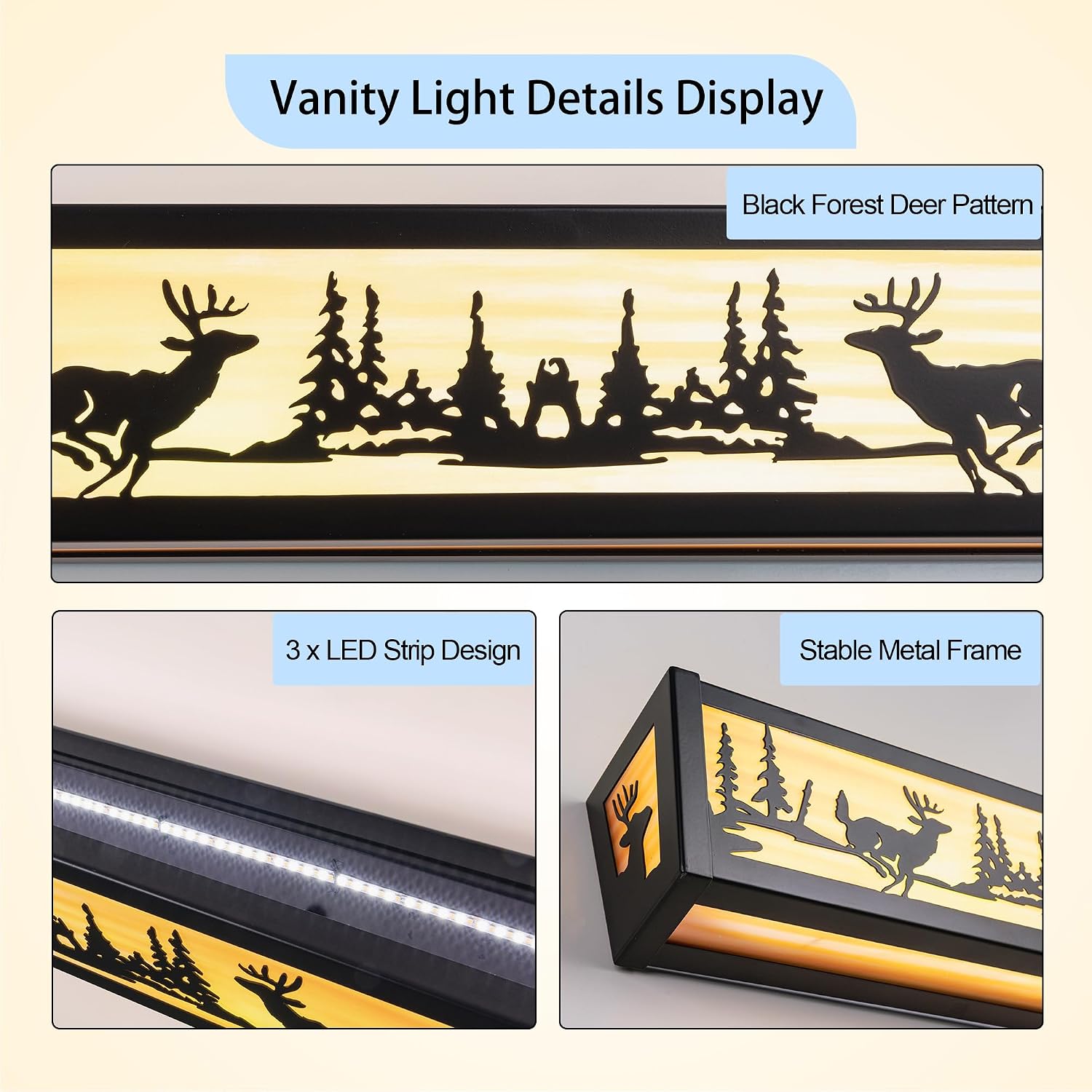 TOCHIC Farmhouse LED Bathroom Vanity Light Fixtures, Rustic Black Forest Deer Wildlife Vanity Lights Over Mirror, Western Sconces Wall Lighting for Bathroom, Cabinet, Powder Room, Living Room, 24' L