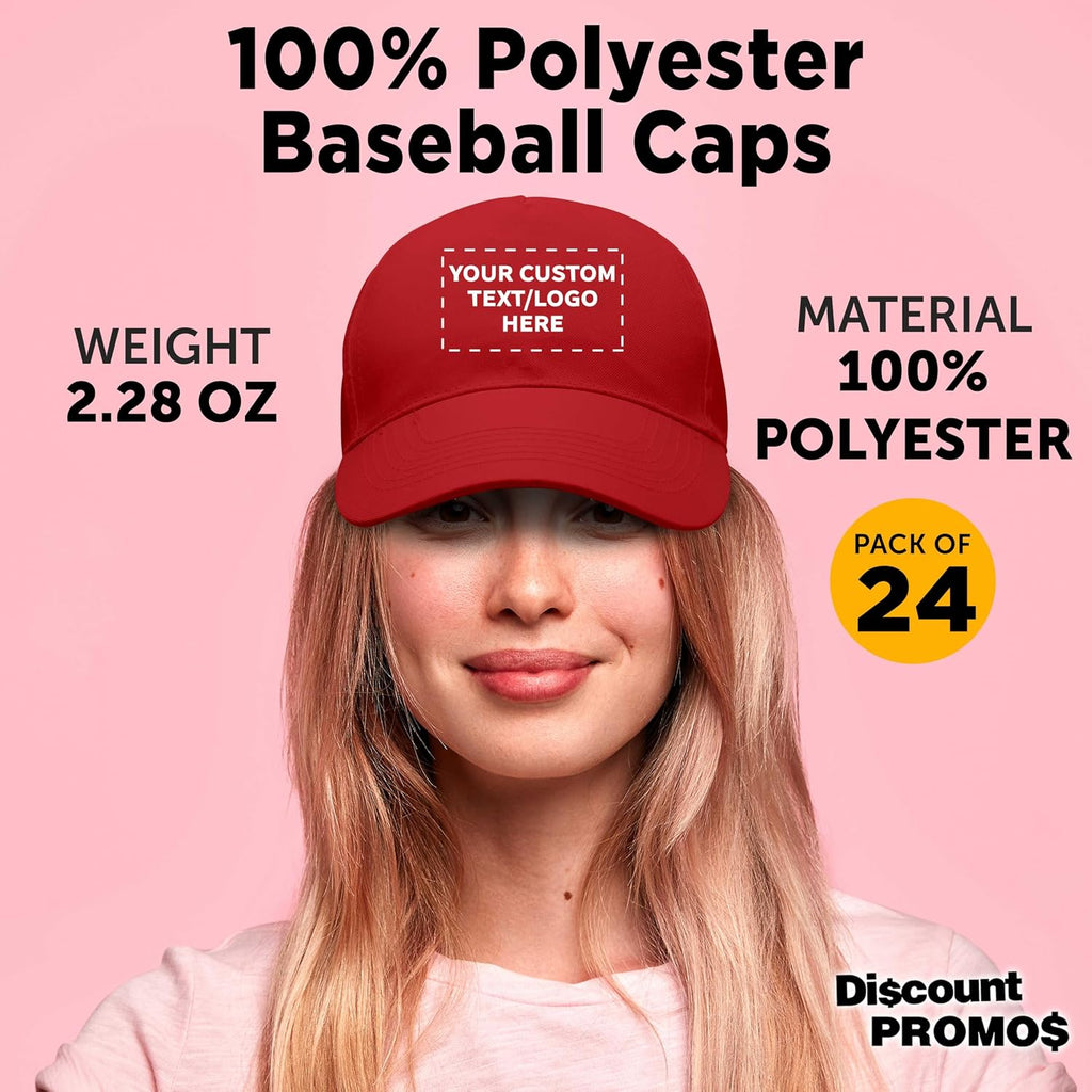 DISCOUNT PROMOS Custom Embroidered Polyester Baseball Caps Set of 6/12/24, Personalized Bulk Pack