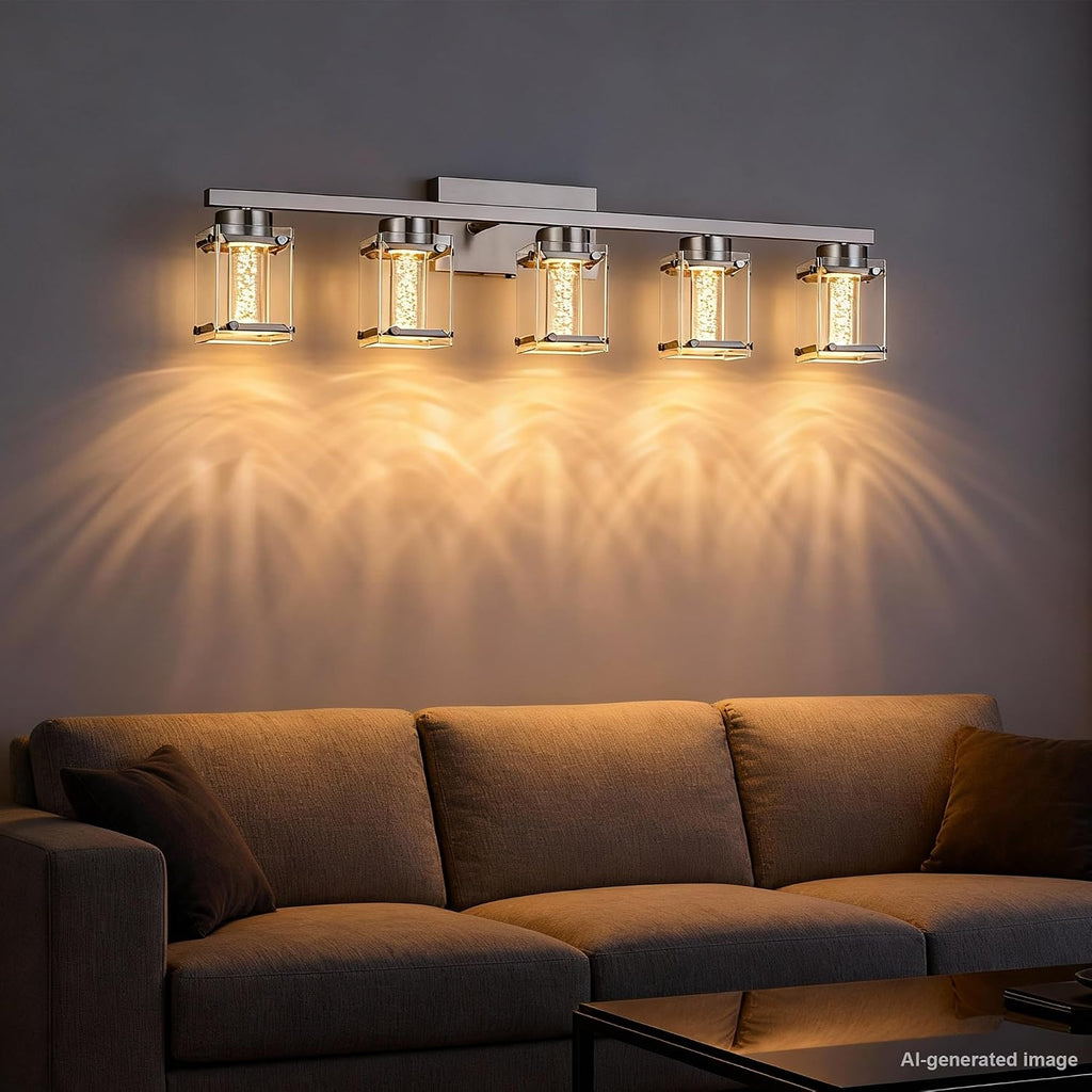 Modern Vanity Light 5-Light Brushed Nickel Finish LED Indoor Lighting Fixture with with Clear Glass Shade and Crystal Bulb Wall Sconces Lights for Bathroom