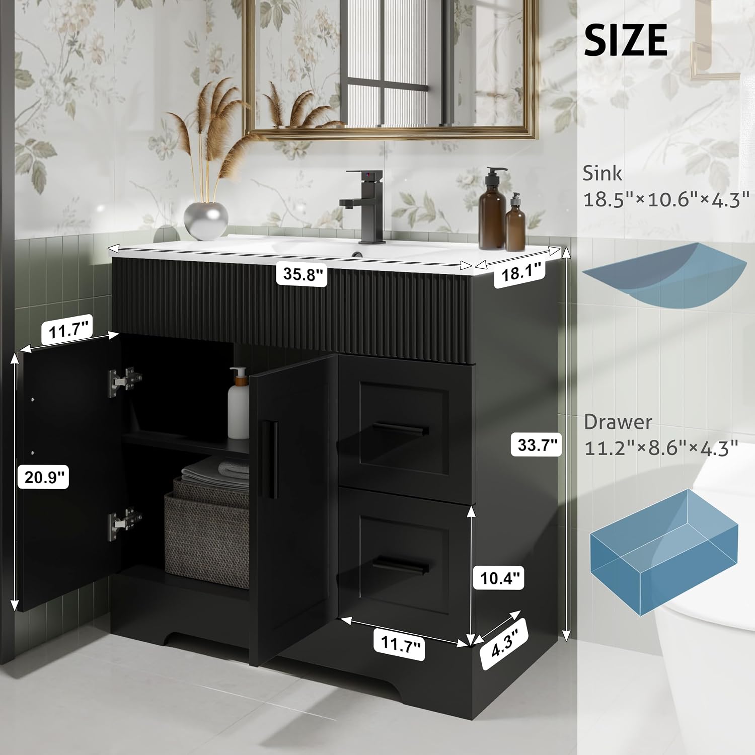 eclife 36' Bathroom Vanities Sink Combo with Painted Surface, Modern Drawered Cabinet W/Decorative Wave Lines, Undermount Single White Sink, Matte Black Faucet Drain, Black
