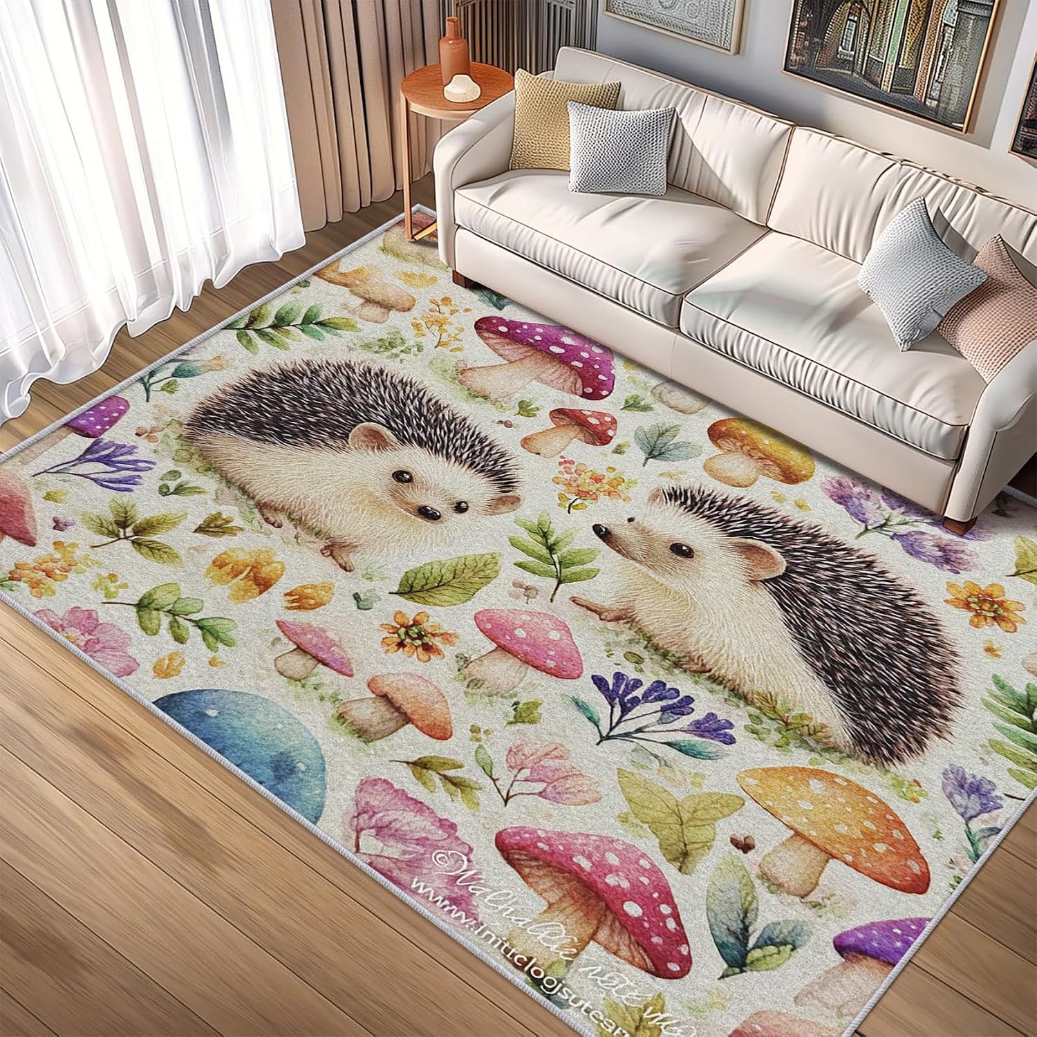 Hedgehog Rug 8x12 for Bedroom, Forest Woodland Animal Patterned Living Room Area Rug, Hedgehog Kids Boys Girls Room Decor, Washable Soft Thin Carpet with Non Slip Backing, 8 x 12 ft - Lu11540