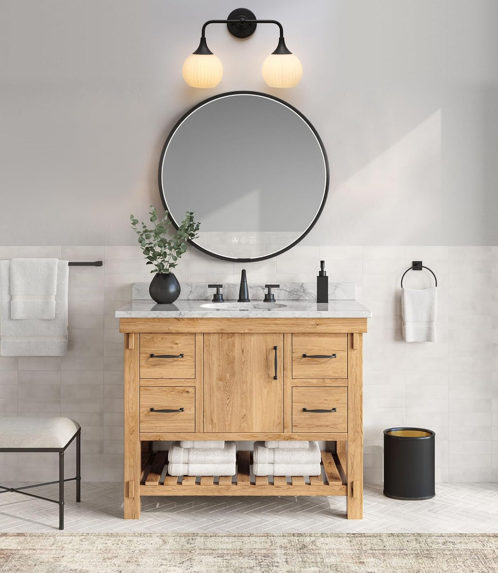 PERMO Double Sconce Black Vintage Vanity Light with White Ribbed Globe Glass Shade Hardwired Wall Light Fixture for Bathroom Mirror Cabinets Hallway Stairs