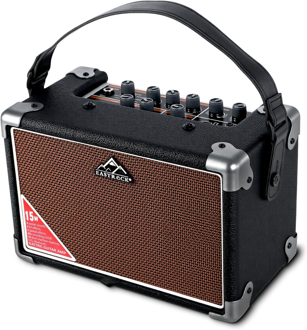 EASTROCK 15W Electric Guitar Amp, EGA-15W Portable Guitar Amplifier with Bluetooth, Built-in Looper & Drum Machine Speaker, AUX/OTG/Headphone, 8 Voices, FX Effects-Black