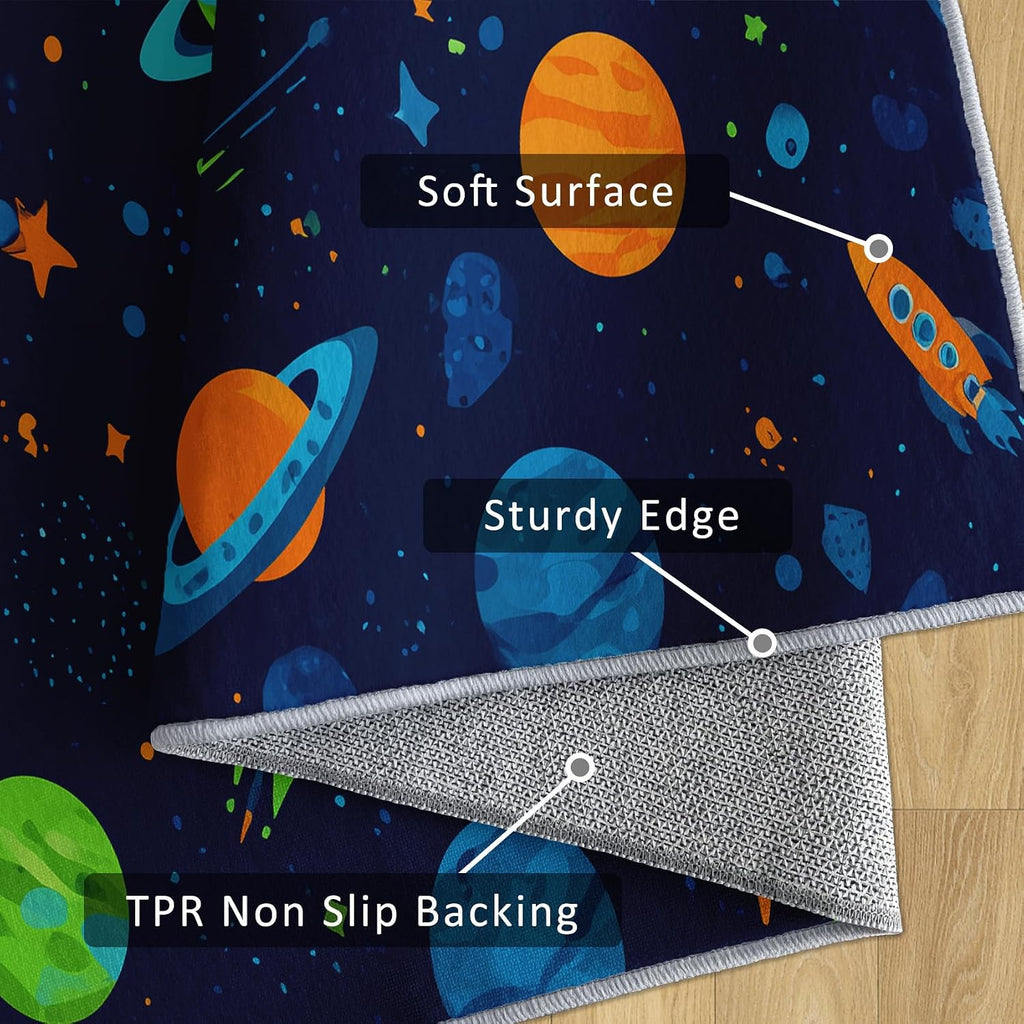 Space Rocket Rug 8x12 for Bedroom, Universe Planet Patterned Living Room Area Rug, Space Rocket Kids Boys Girls Room Decor, Washable Soft Thin Carpet with Non Slip Backing, 8 x 12 ft - Lu11680