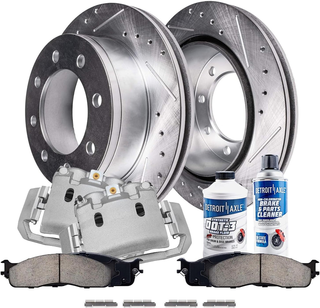 Detroit Axle - Front Brake Kit for 2003-2008 Dodge Ram 2500 3500 Drilled & Slotted Brake Rotors and Ceramic Brakes Pads Brake Calipers 2004 2005 2006 2007 Replacement: 13.91' inch Rotors
