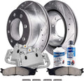 Detroit Axle - Front Brake Kit for 2003-2008 Dodge Ram 2500 3500 Drilled & Slotted Brake Rotors and Ceramic Brakes Pads Brake Calipers 2004 2005 2006 2007 Replacement: 13.91' inch Rotors