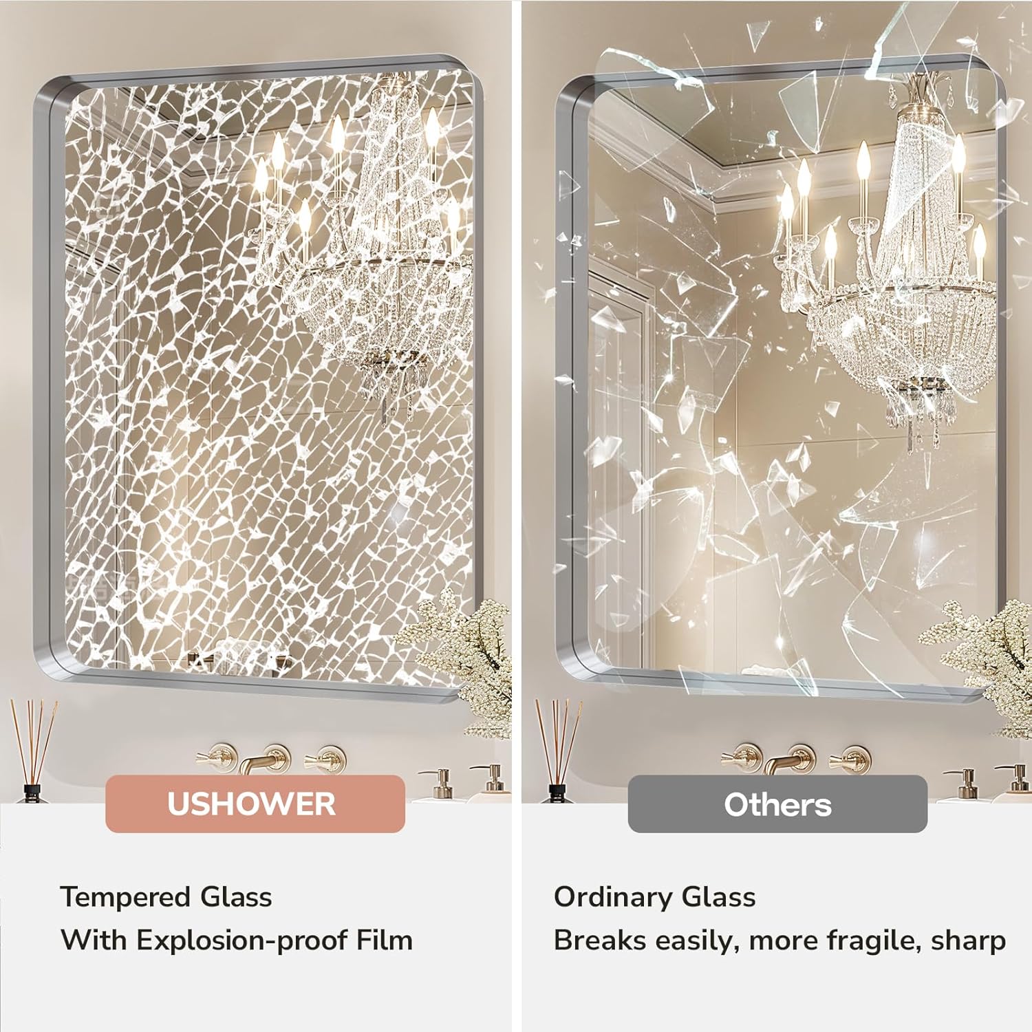 USHOWER Brushed Nickel Bathroom Mirrors 22'x30' 2 Pack, Silver Rectangle Mirrors for Over Sink, Rounded Corner, Aluminum Frame, Anti-Rust, Tempered Glass, Horizontal or Vertical Mounted