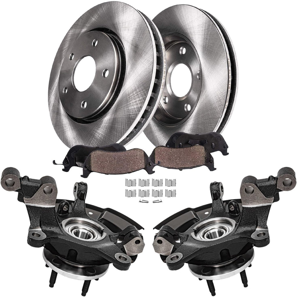 Detroit Axle - Front Steering Knuckles w/Wheel Hub Bearings Assembly + Disc Brake Rotors Ceramic Pads Replacement for 2011-2014 Ford Edge - 6pc Set