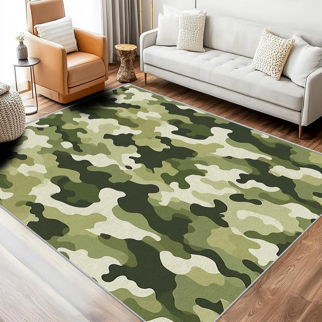 Army Green Camo Rug 8x12 for Bedroom, Camouflage Patterned Living Room Area Rug, Green Camo Kids Boys Girls Room Decor, Washable Soft Thin Carpet with Non Slip Backing, 8 x 12 ft - Lu11722