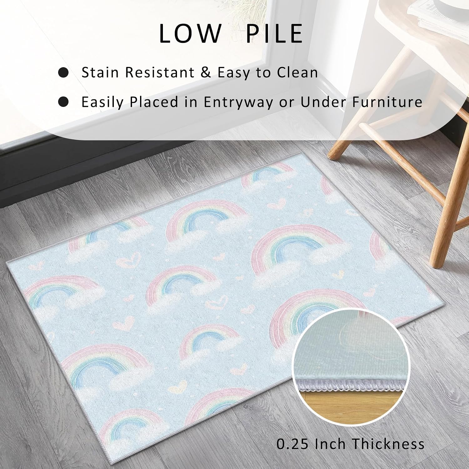 Rainbow Rug 8x12 for Bedroom, Cute Cartoon Heart Patterned Living Room Area Rug, Rainbow Kids Boys Girls Room Decor, Washable Soft Thin Carpet with Non Slip Backing, 8 x 12 ft - Lu11554