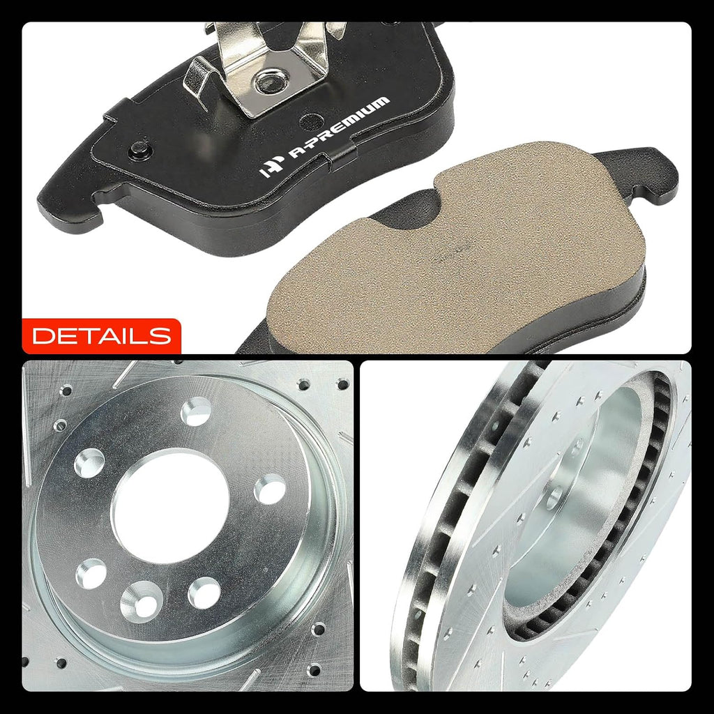 A-Premium 11.81 inch (300mm) Front Drilled and Slotted Disc Brake Rotors + Ceramic Pads Kit Compatible with Select Land Rover and Volvo Models - Range Rover Evoque, S60, XC70, S80, V60, V70, 6-PC Set