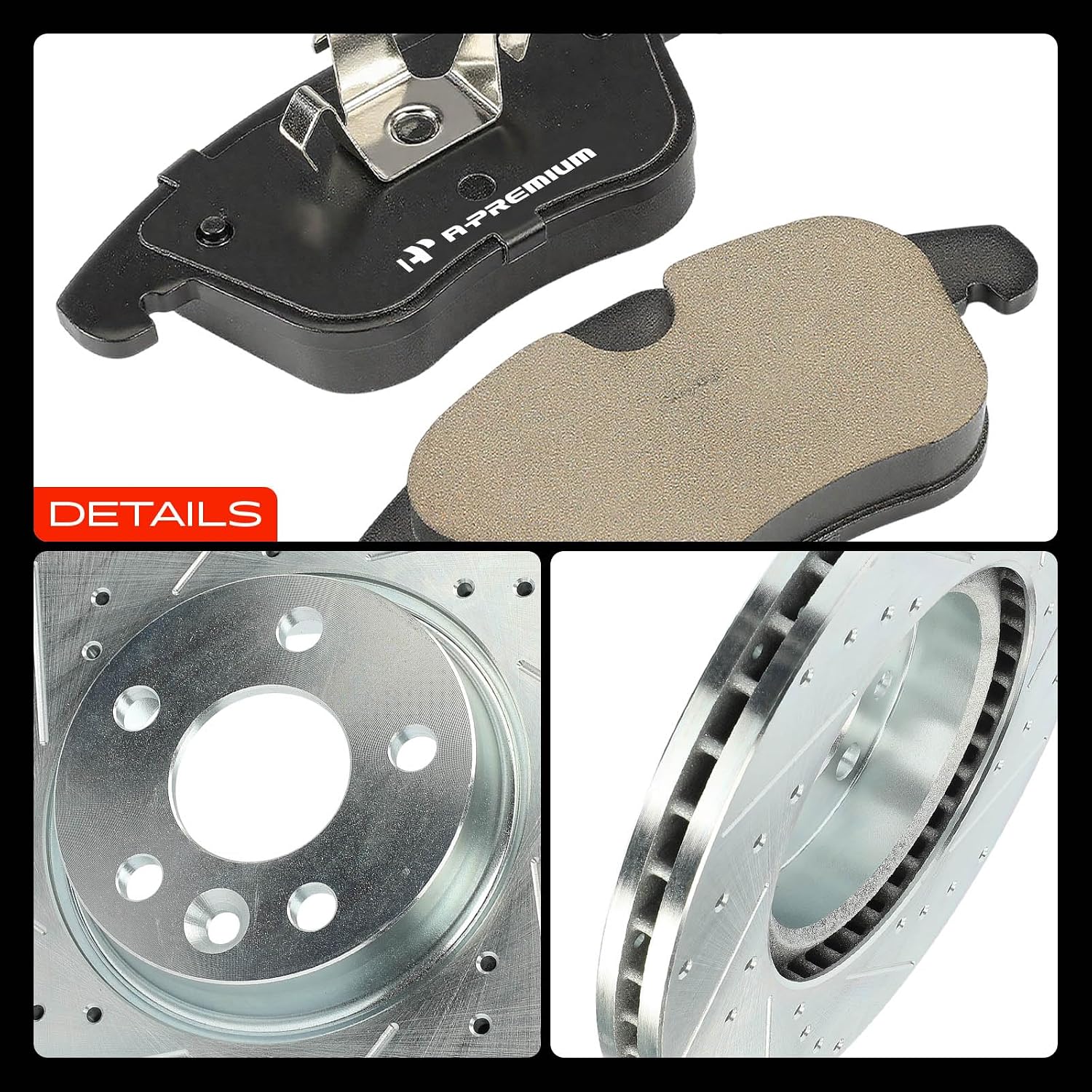 A-Premium 11.81 inch (300mm) Front Drilled and Slotted Disc Brake Rotors + Ceramic Pads Kit Compatible with Select Land Rover and Volvo Models - Range Rover Evoque, S60, XC70, S80, V60, V70, 6-PC Set