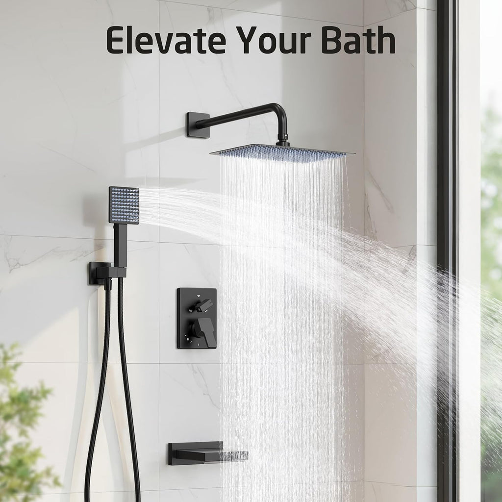 KES Black Bathtub Shower Faucet Set with 12' Rectangle Rain Shower Head, Shower System with 3-Modes Handheld Spray and Waterfall Tub Spout, cUPC Anti-Scald Valve included, XB6336S12-BK