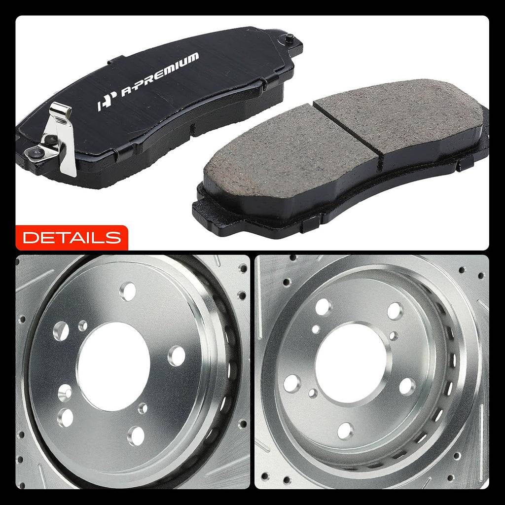 A-Premium 12.60 inch (320 mm) Front Drilled and Slotted Disc Brake Rotors + Ceramic Pads Kit Compatible with Select Honda Models - Odyssey 2015-2017, Passport 2019-2021, 6-PC Set