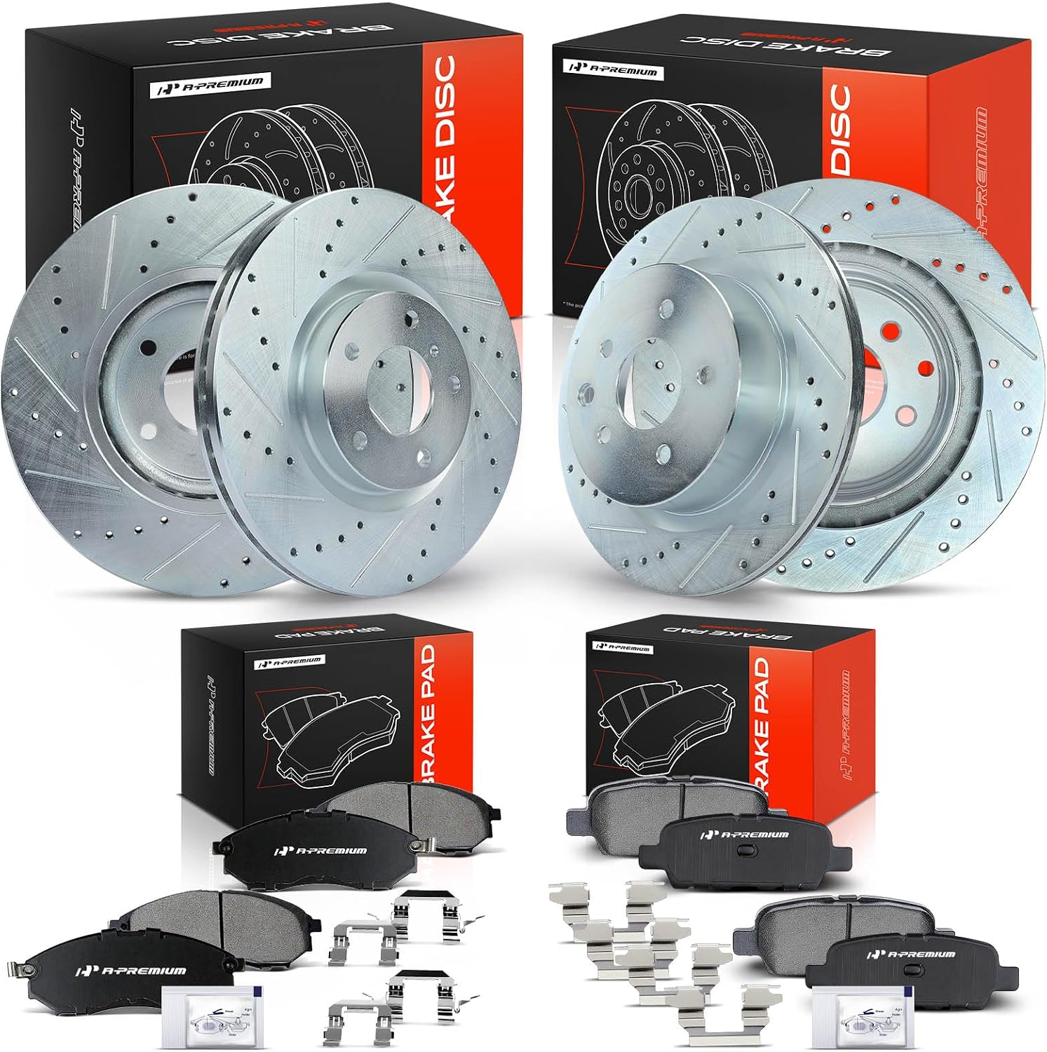 A-Premium Front & Rear Drilled and Slotted Disc Brake Rotors + Ceramic Pads Kit Compatible with Select Nissan and Infiniti Models - 370Z, 350Z, G37, G35, EX35, EX37, G25, M35, M45, Q40, 12-PC Set
