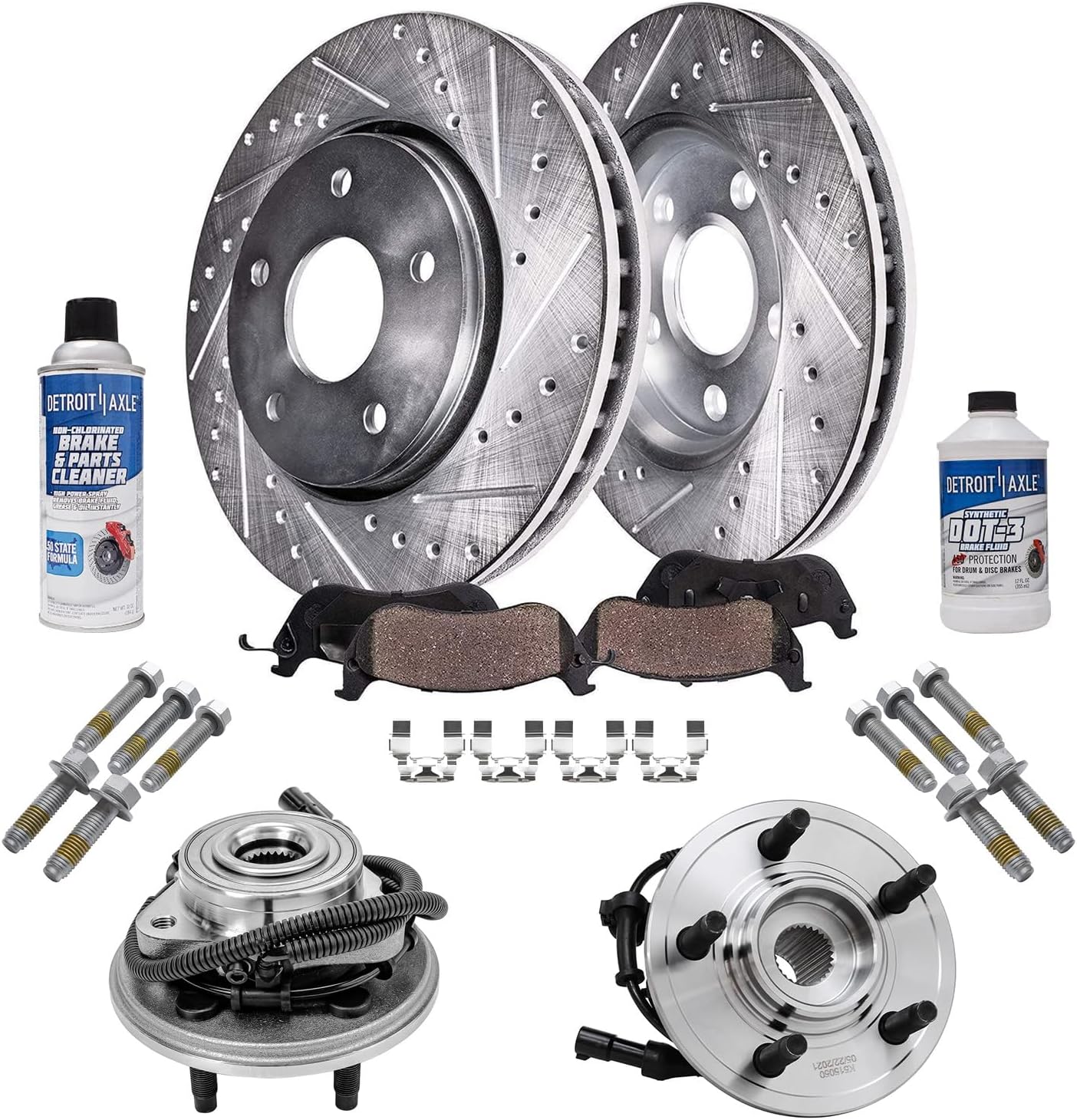 Detroit Axle - Front Brake Kit for 2002-2005 Ford Explorer Mercury Mountaineer Wheel Bearing Hubs Drilled & Slotted Brake Rotors and Ceramic Brakes Pads 2003 2004 Replacement