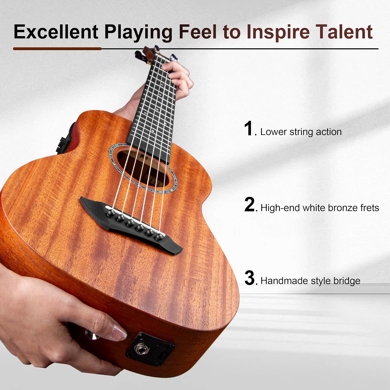 Caramel 30 inch All Solid Mahogany 6 String Ukulele Guitalele Wooden LCD color display Electric Guitalele Kit Small Hawaiian Beginner Guitar Starter Pack Bundle Gig bag, Strap,Strings Set