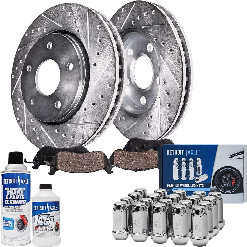 Detroit Axle - Front Brake Kit for 2002-2005 Ford Explorer Mercury Mountaineer Drilled & Slotted Brake Rotors Ceramic Brakes Pads 20pc Wheel Lug Nuts 2003 2004 Replacement