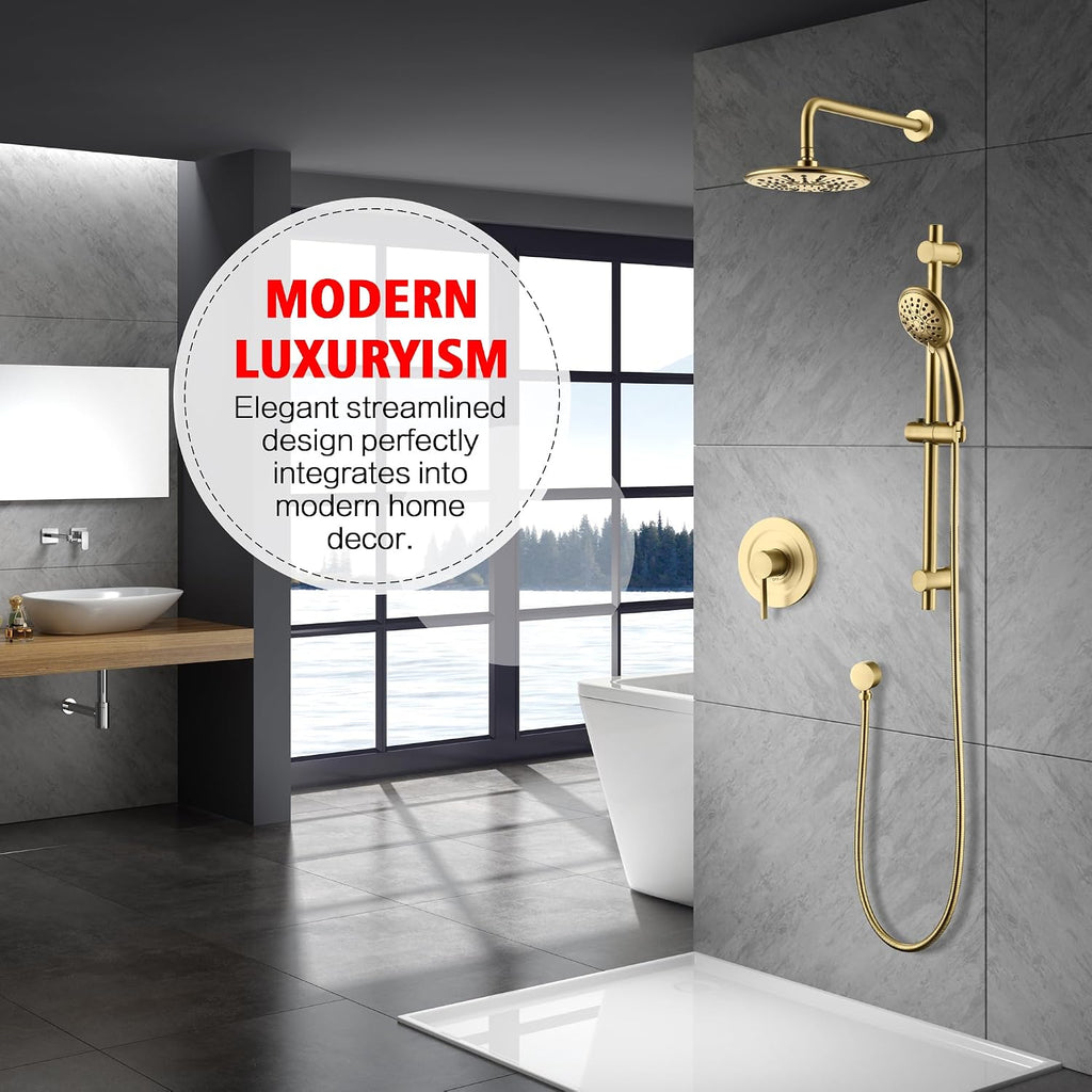 sumerain Shower System set with High Pressure Multi-modes Shower Heads and Handheld, Brushed Gold Rainfall Shower Faucet Complete with Slide Bar, Included Valve and Trim Kit
