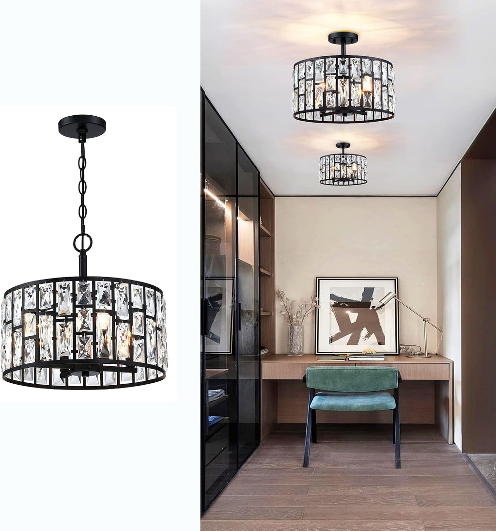 MEXO Farmhouse Crystal Convertible Chandelier and Semi Flush Mount Lighting Black Cylinder Drum Shade Pendant for Kitchen Island Dining Room Bedroom Hallway