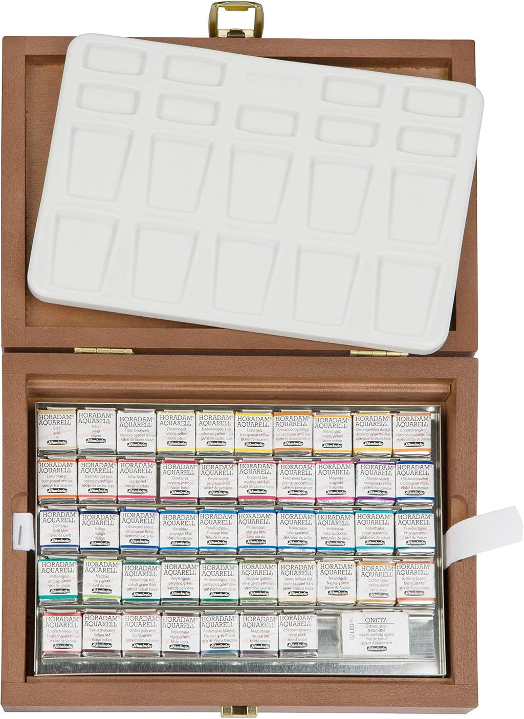 Schmincke - HORADAM® AQUARELL Premium Color Box with 47 Colors, ONetz and Porcelain Palette, 74548097, Wooden Box, Painting Set, Finest Watercolors, 47 x 1/2 Pans