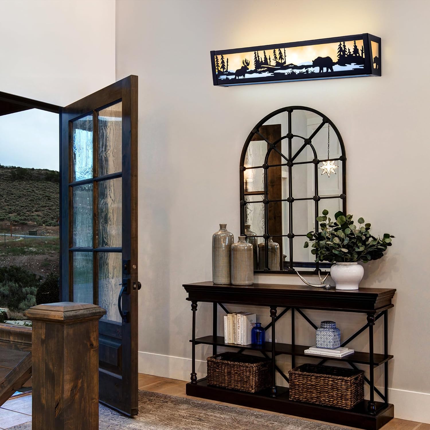 TOCHIC Farmhouse LED Bathroom Vanity Light, Matte Black Western Light Fixture Over Mirror, Rustic Deer & Bear Vanity Lights for Bathroom, Mirror Cabinets, Powder Room, Living Room, 24' L