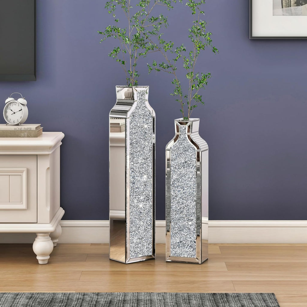 SHYFOY Floor Vase Crushed Diamond Mirrored Vase - Silver Floor Standing Vases Set of 2-24' & 30' Large Crystal Tall Vases for Living Room Dining Bedroom Home Corner Hallway Indoor Office Floor