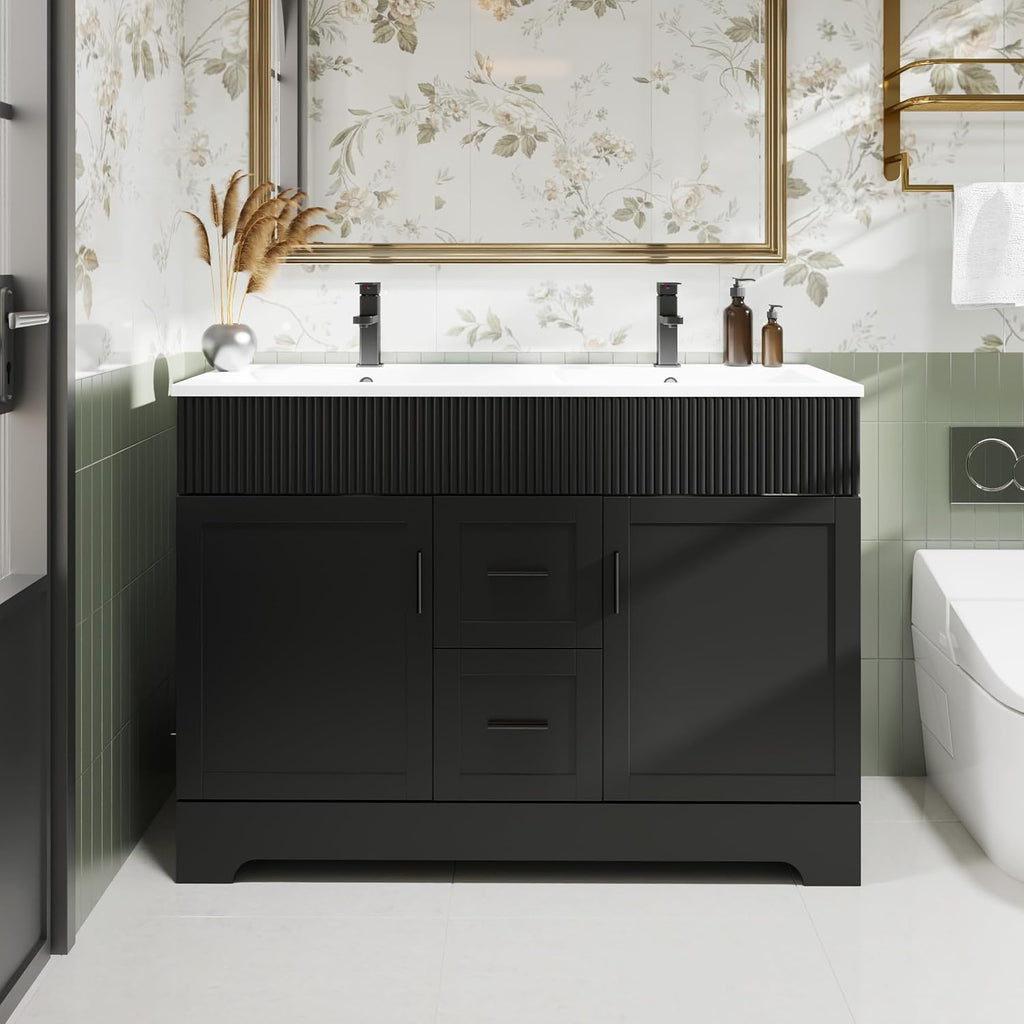 eclife 48' Bathroom Vanities Sink Combo with Painted Surface, Modern Drawered Cabinet W/Decorative Wave Lines, Undermount Double White Sink, Matte Black Faucet Drain, Black