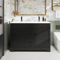 eclife 48' Bathroom Vanities Sink Combo with Painted Surface, Modern Drawered Cabinet W/Decorative Wave Lines, Undermount Double White Sink, Matte Black Faucet Drain, Black