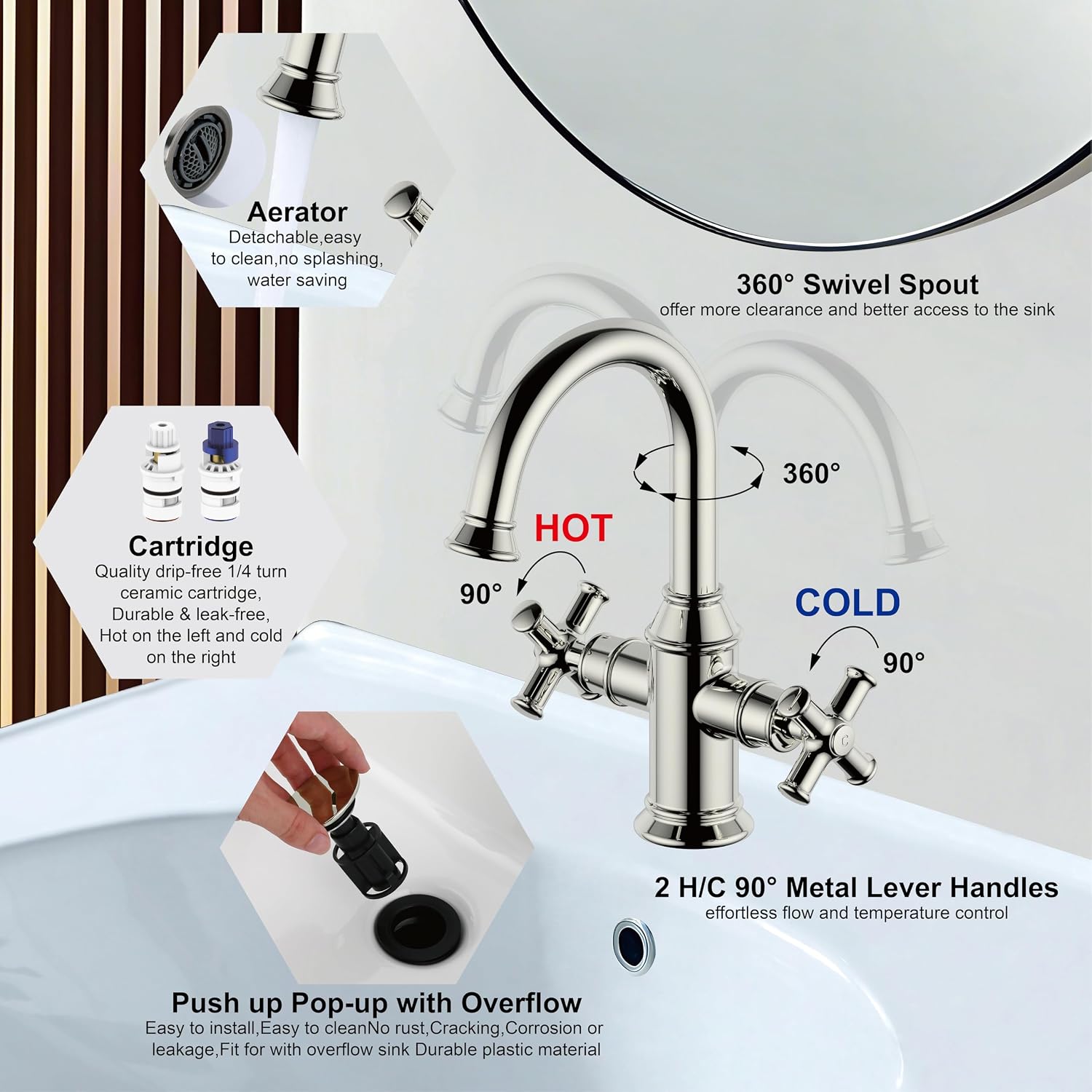 2 Handle Bathroom Sink Faucet, Single Hole Vanity Bathroom Lavatory Faucet,Swivel 360 Degree Spout,with Water Supply Line,Polished Nickel,BTF-2018-PN