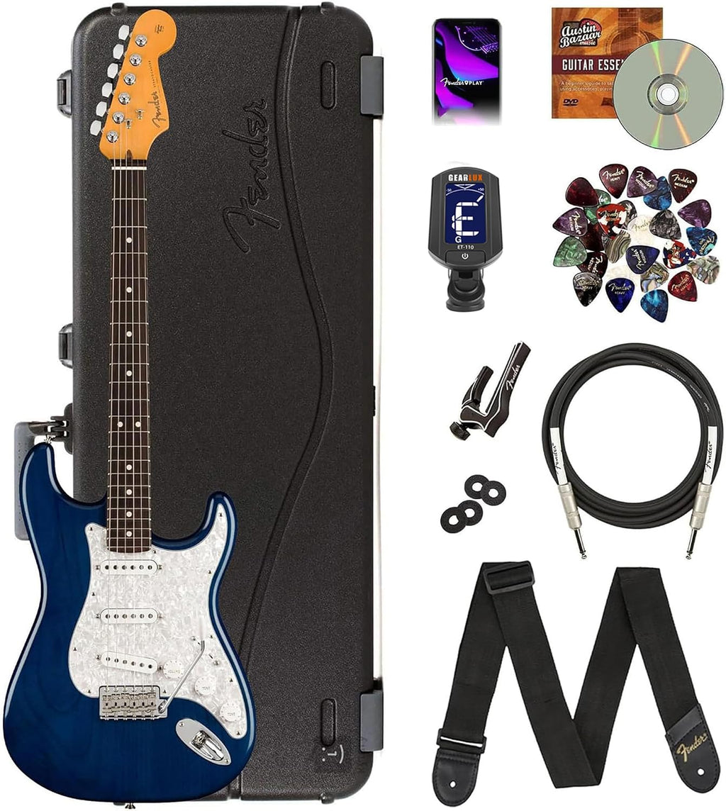Fender Cory Wong Stratocaster - Sapphire Blue Transparent Bundle with Deluxe Case, Cable, Capo, Tuner, Strap, Strap Blocks, Picks, and Austin Bazaar Instructional DVD