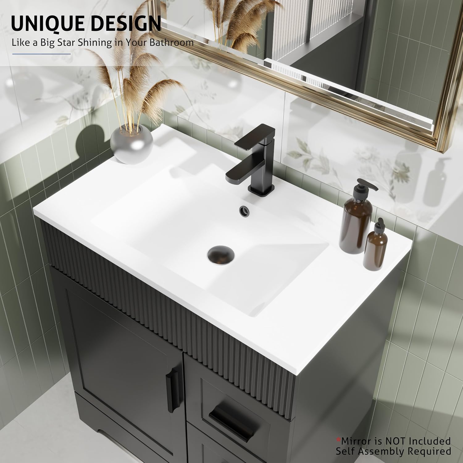 eclife 30' Bathroom Vanities Sink Combo with Painted Surface, Modern Drawered Cabinet W/Decorative Wave Lines, Undermount Single White Sink, Matte Black Faucet Drain, Black