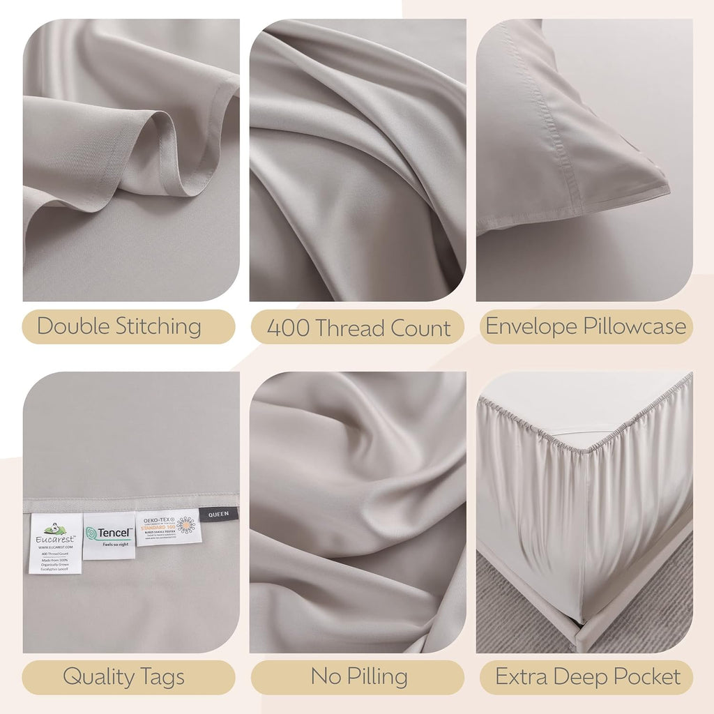 Eucalyptus Lyocell Bed Sheets, Hypoallergenic 100% Organic Tencel, Thermal Regulating and Moisture Wicking for Hot Sleepers, Superior Thread Quality, Extra Deep Pockets Queen Size - Gray