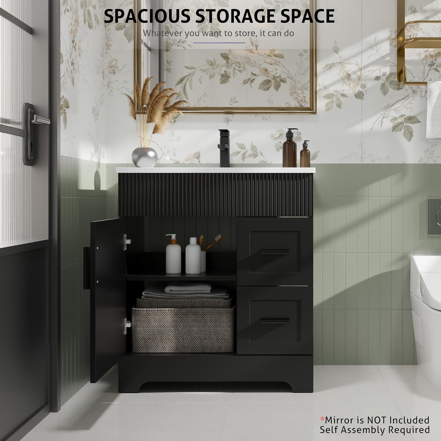 eclife 30' Bathroom Vanities Sink Combo with Painted Surface, Modern Drawered Cabinet W/Decorative Wave Lines, Undermount Single White Sink, Matte Black Faucet Drain, Black