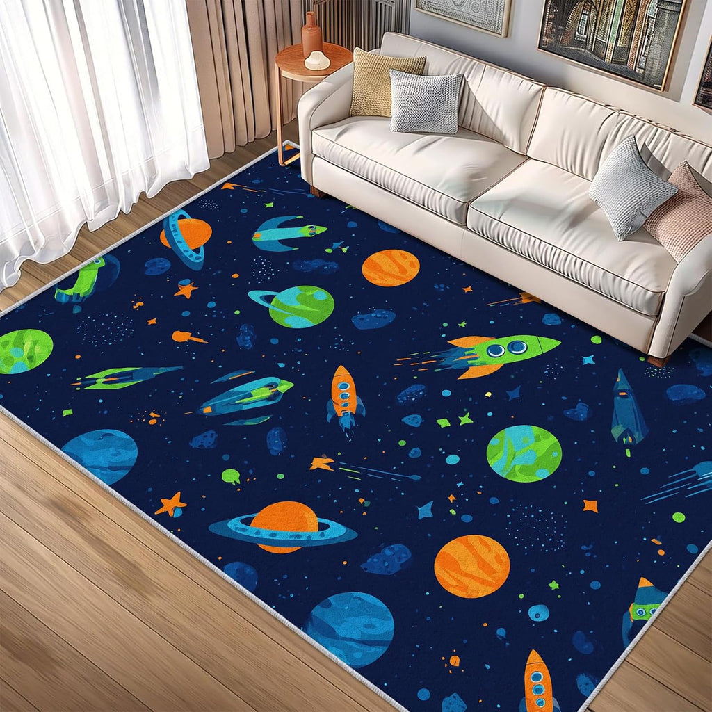 Space Rocket Rug 8x12 for Bedroom, Universe Planet Patterned Living Room Area Rug, Space Rocket Kids Boys Girls Room Decor, Washable Soft Thin Carpet with Non Slip Backing, 8 x 12 ft - Lu11680