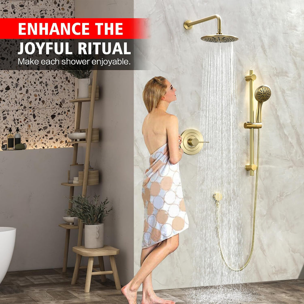 sumerain Shower System set with High Pressure Multi-modes Shower Heads and Handheld, Brushed Gold Rainfall Shower Faucet Complete with Slide Bar, Included Valve and Trim Kit